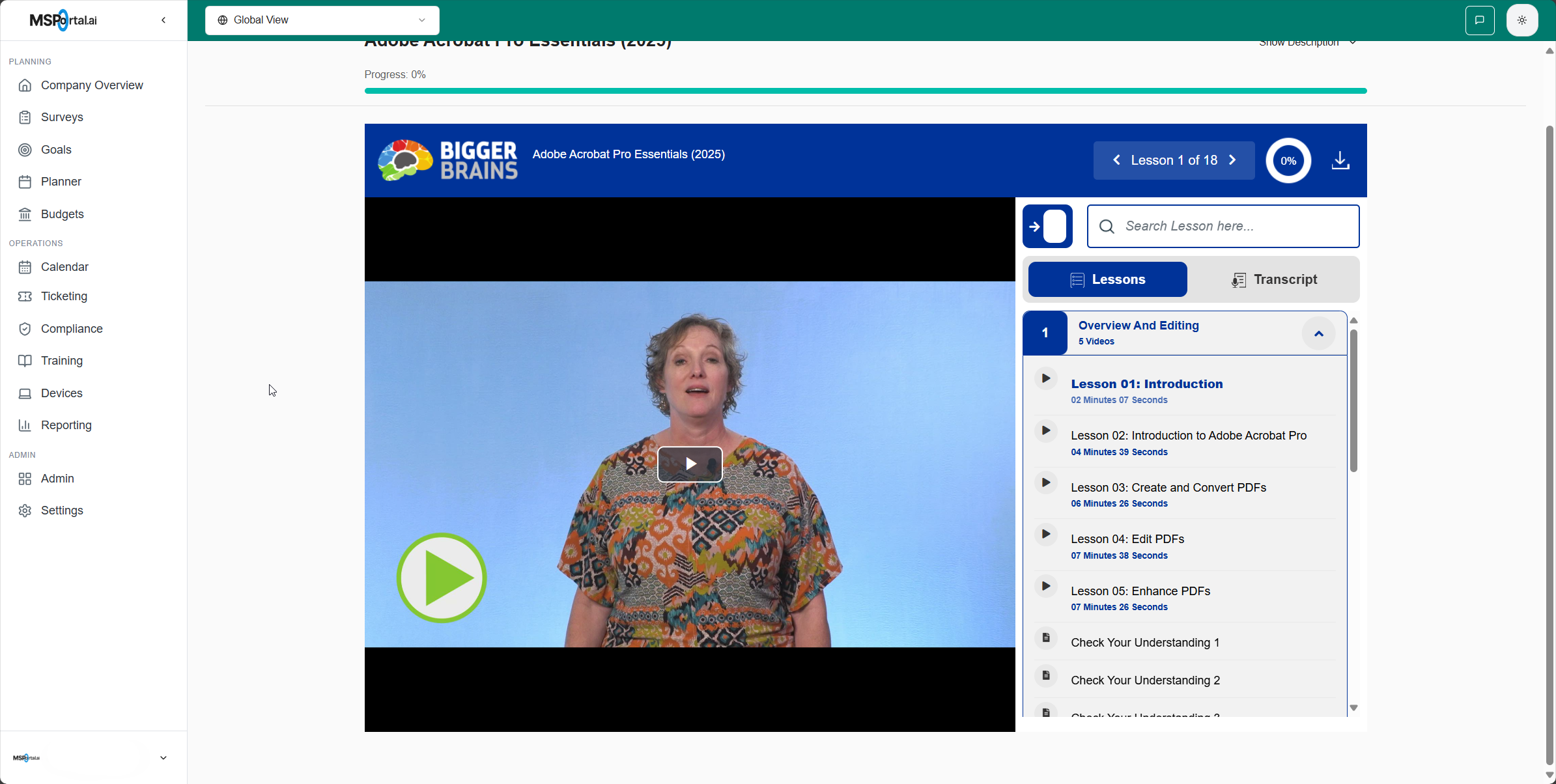 Bigger Brains Training Platform - Course player showing Adobe Acrobat Pro Essentials with video lessons and progress tracking